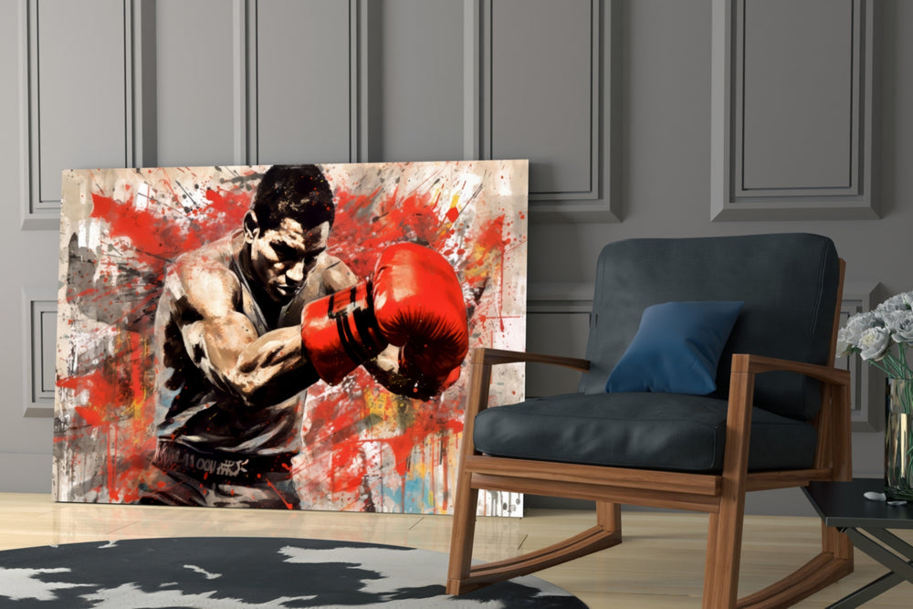 Boxing glass print enhancing a den with statement firepower