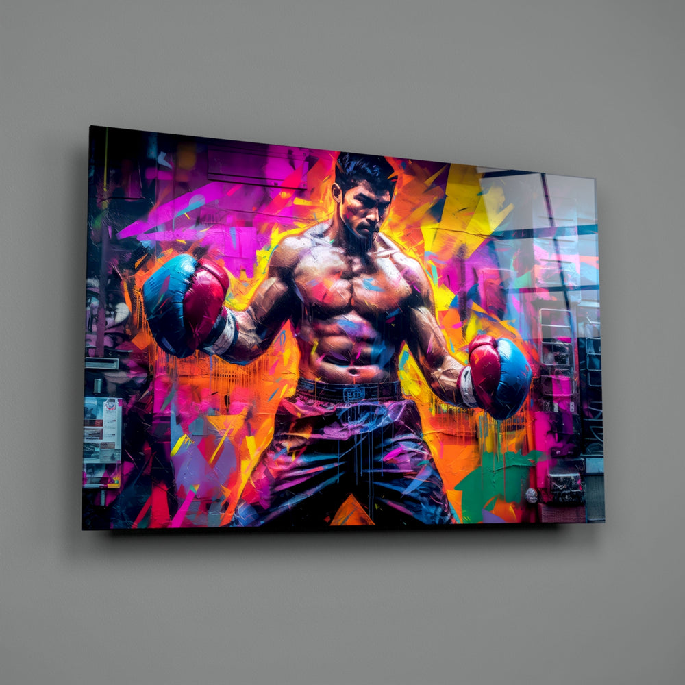 Pop-graffiti panel bringing cinematic glow to a home gym