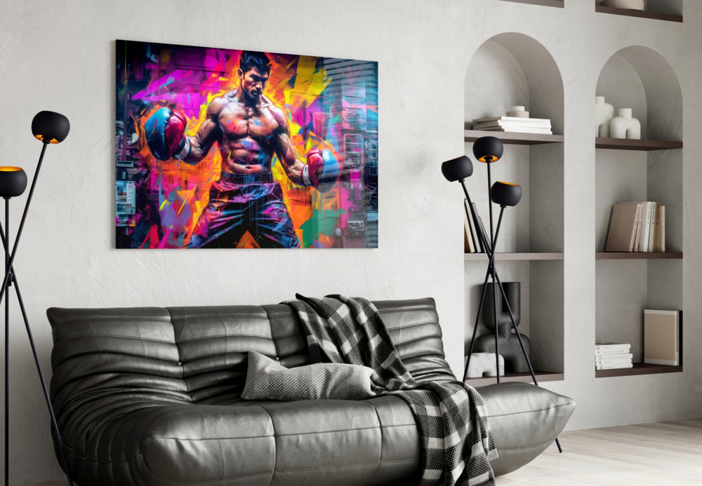 Boxing glass wall art styled above a sideboard in a media room