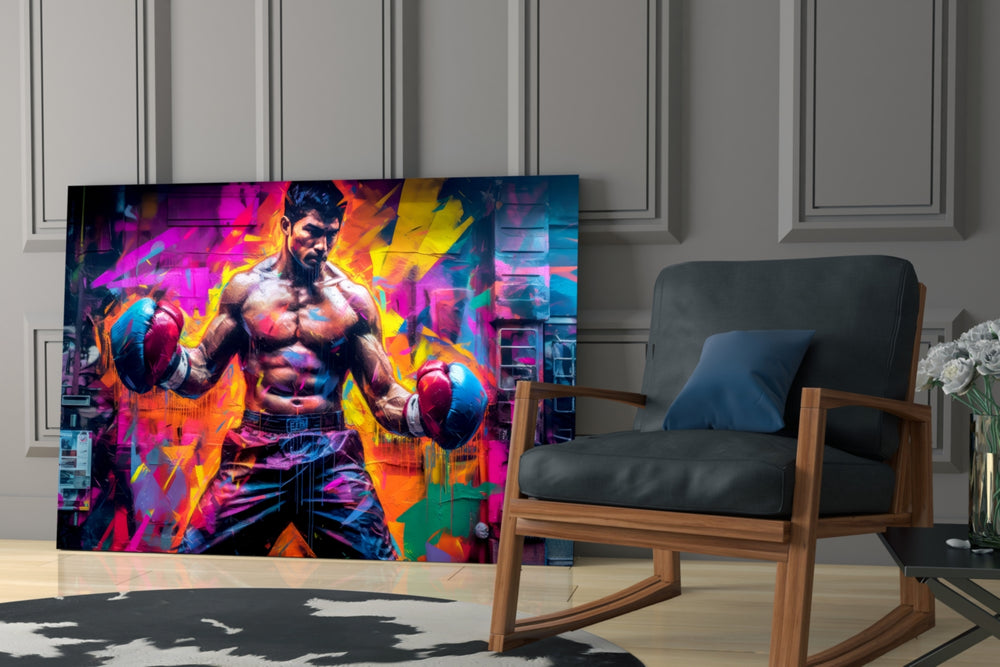 Boxing glass print enhancing a den with statement firepower