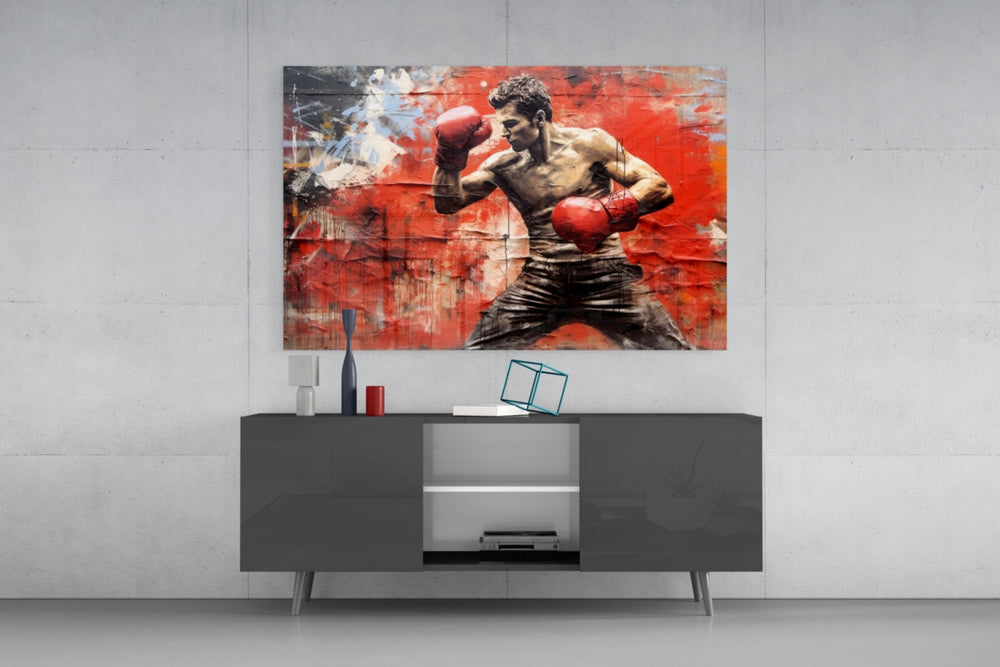 Boxing panel catching lamp light to reveal its painterly grit