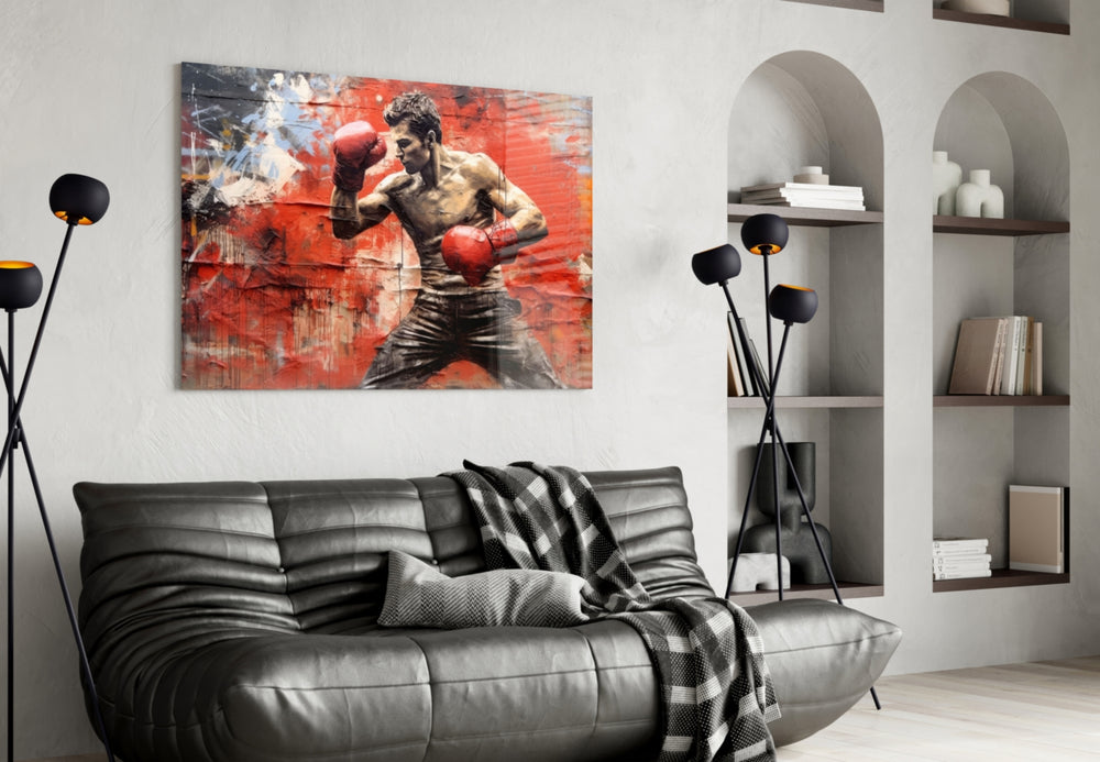 Boxing glass wall art styled above a sideboard in a media room