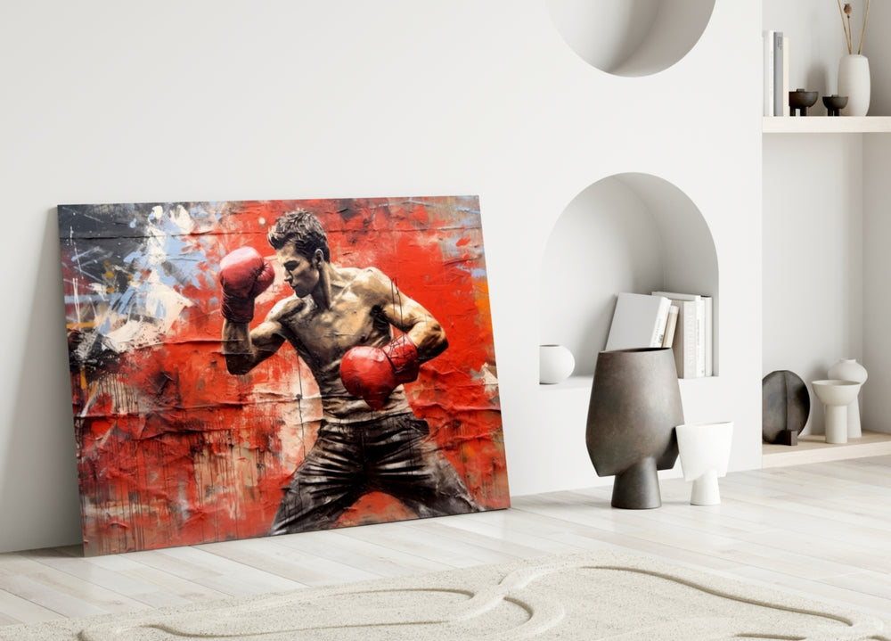 Boxing close-up showing scarlet gloves and grunge wall