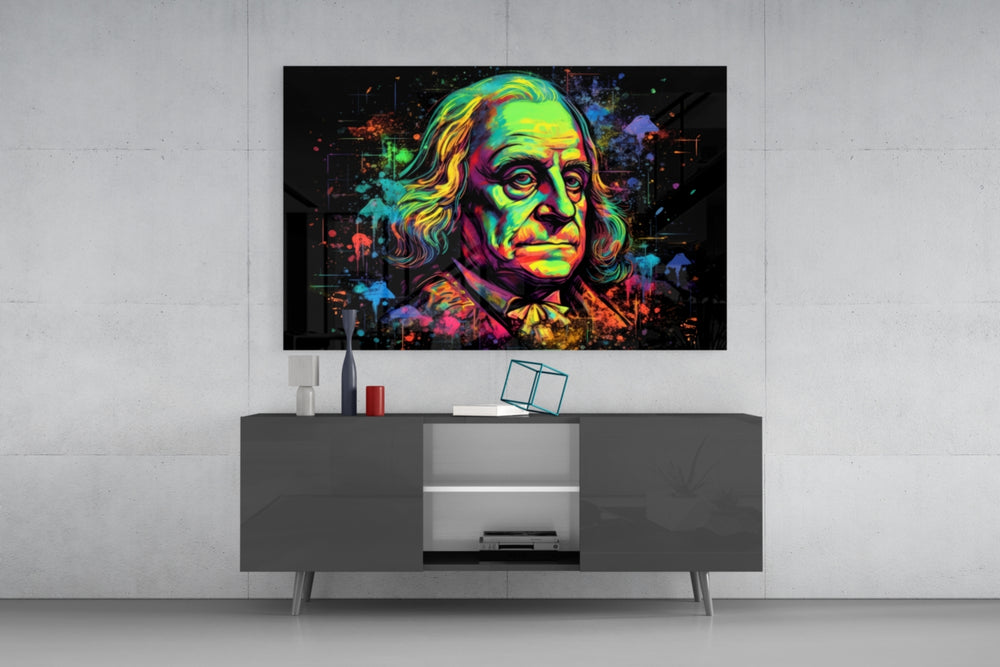 Benjamin Franklin panel catching lamp light to reveal its cinematic glow