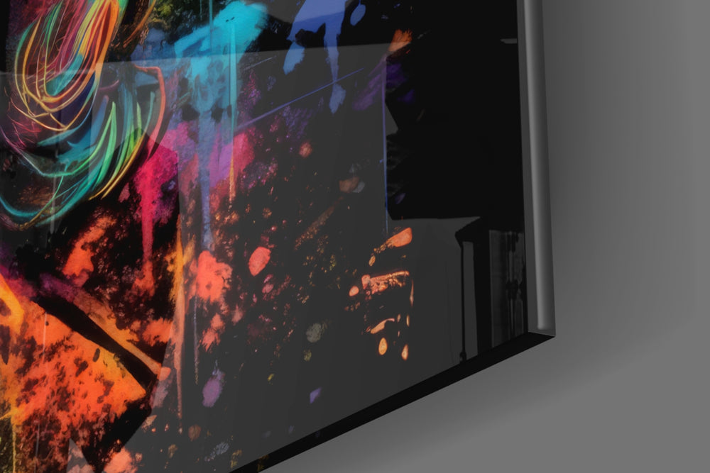 Founding-father artwork anchoring a wall with obsidian-and-spectrum palette
