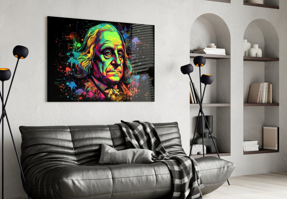 Benjamin Franklin glass wall art styled above a console in a library