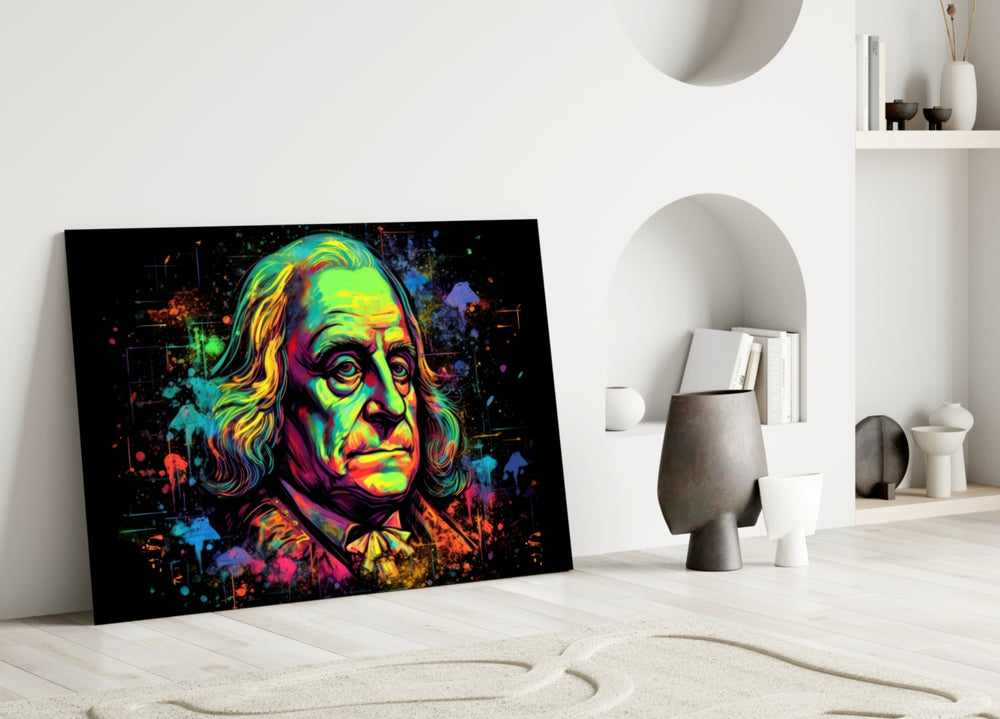 Benjamin Franklin close-up showing powdered wig and neon rim-light