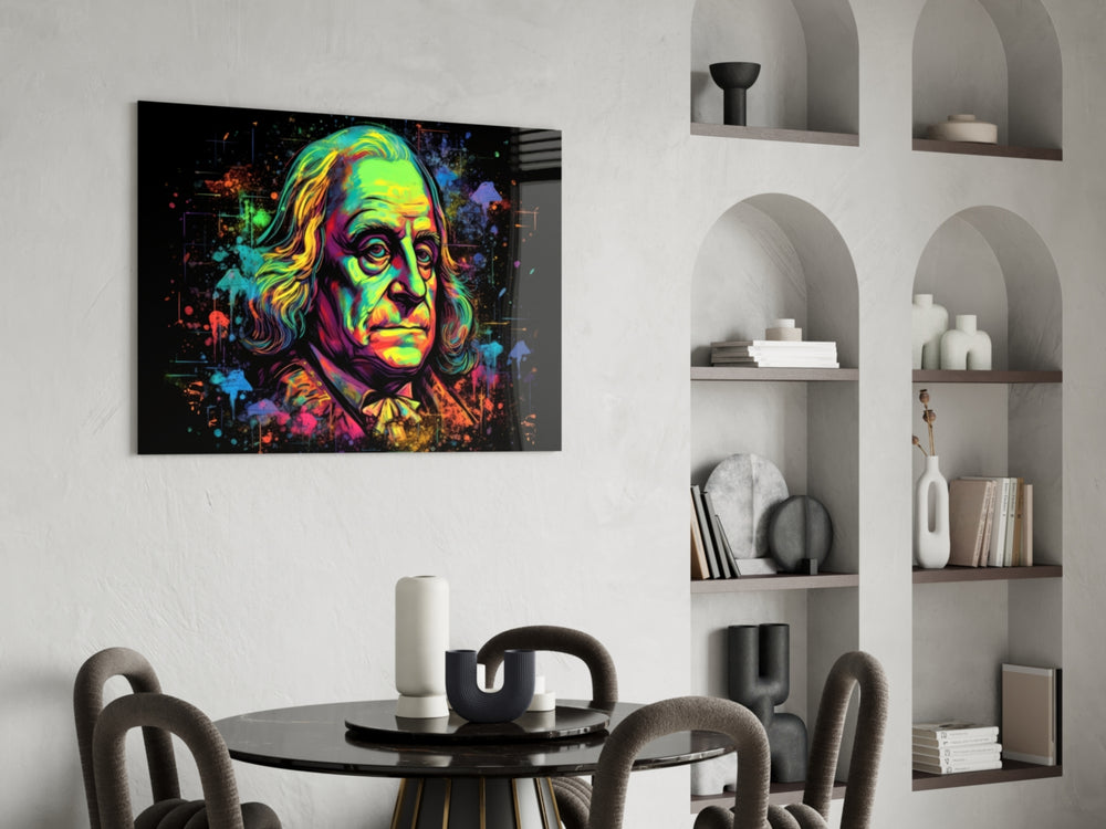 Benjamin Franklin panel adding editorial drama to a hallway