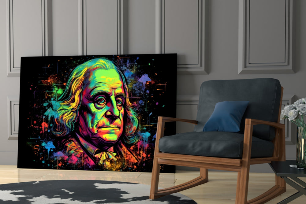 Benjamin Franklin glass print enhancing a den with statement intellect