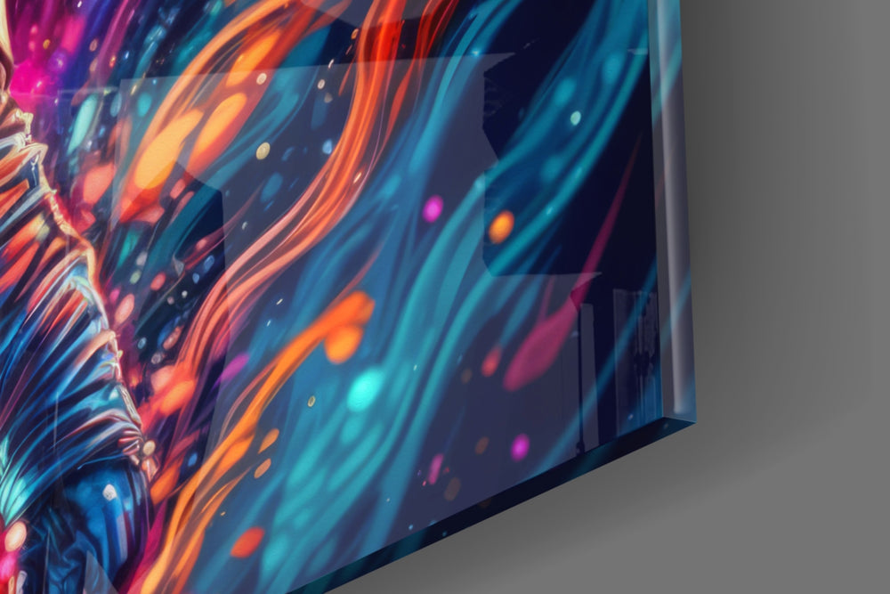 Sci-fi-explorer artwork anchoring a wall with magenta-and-cyan palette