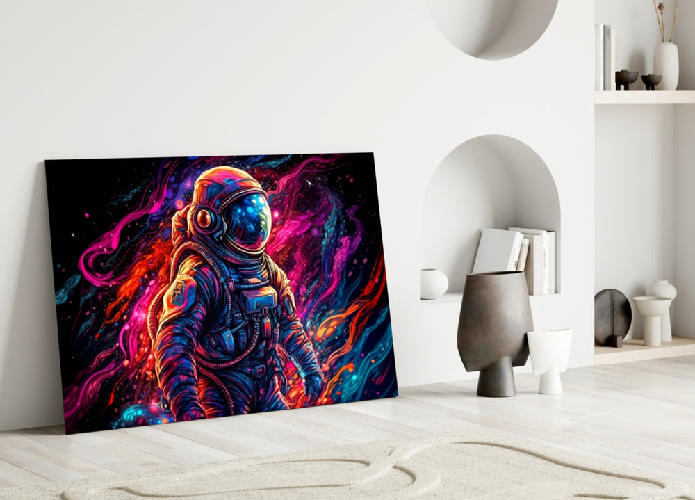 Astronaut close-up showing gold-cyan visor and neon nebula