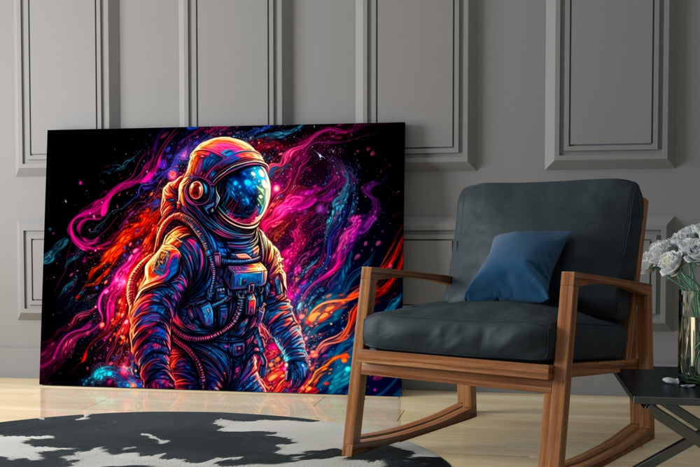 Astronaut glass print enhancing a media room with statement adventure