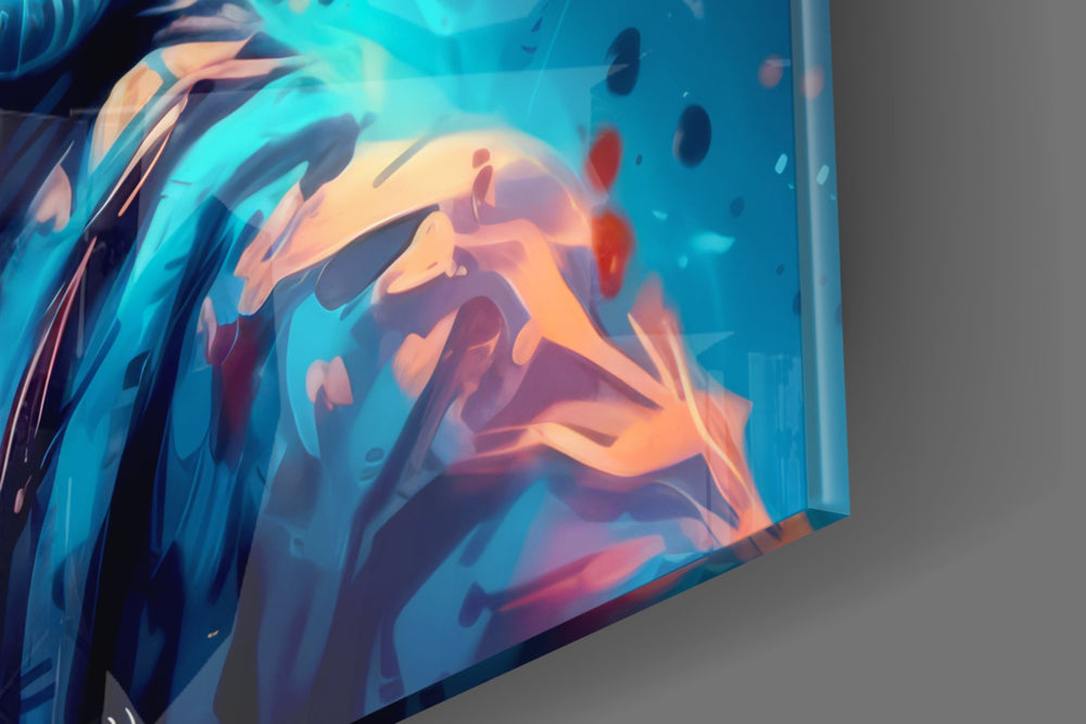 Sci-fi-explorer artwork anchoring a wall with scarlet-and-teal palette