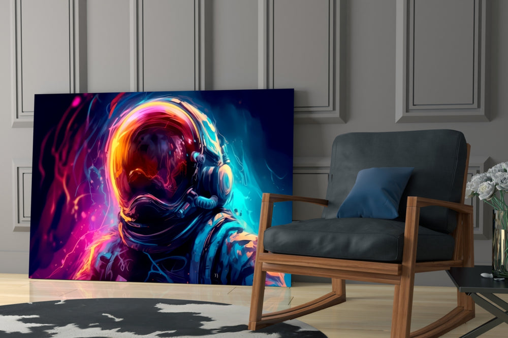 Astronaut glass print enhancing a media room with statement adventure