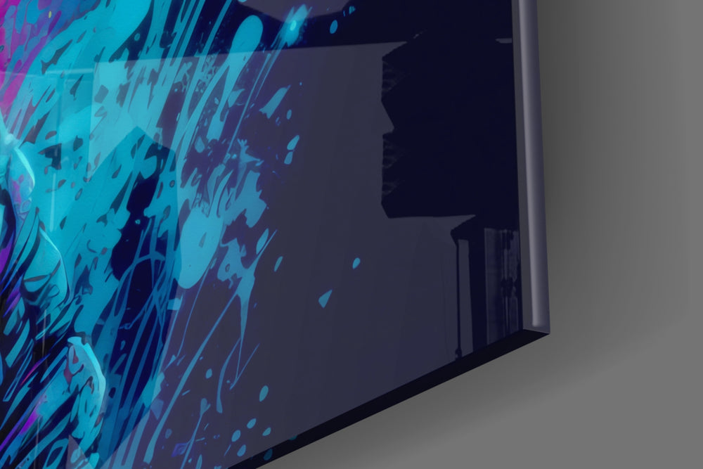 Sci-fi-explorer artwork anchoring a wall with cyan-and-magenta palette