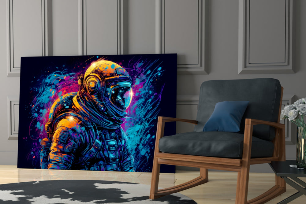 Astronaut glass print enhancing a media room with statement adventure