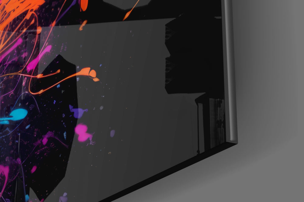 Sci-fi-explorer artwork anchoring a wall with spectrum-splatter palette