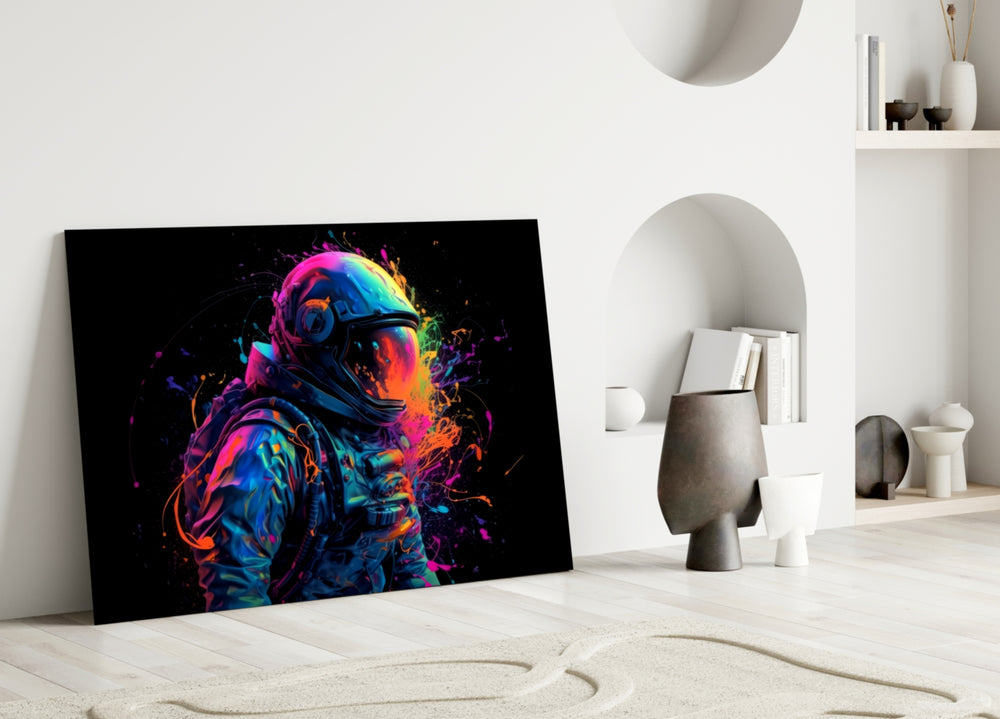 Astronaut close-up showing motorbike helmet and spectrum splash