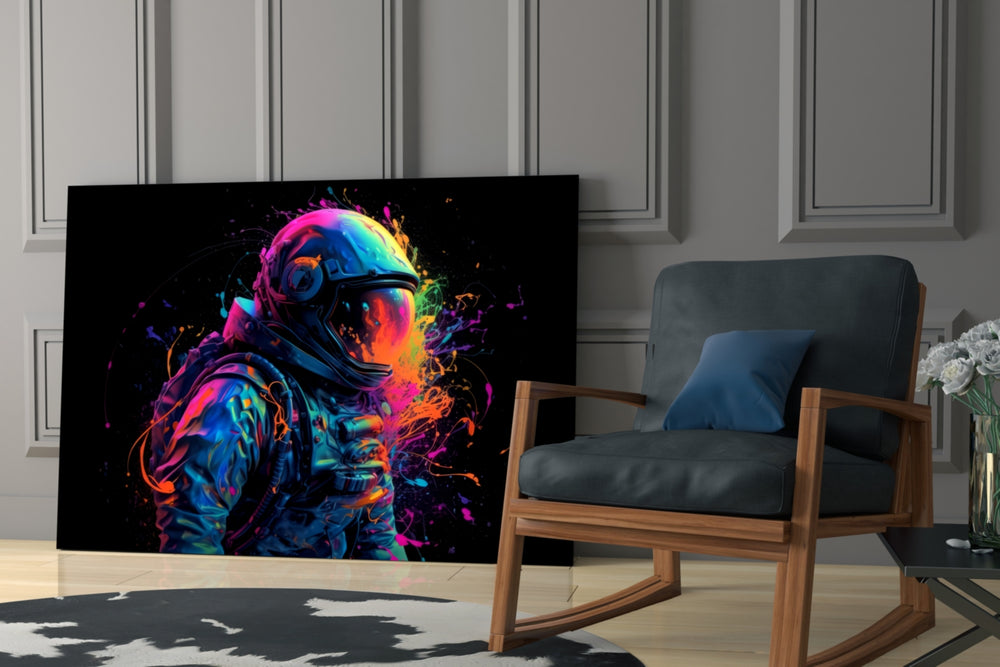 Astronaut glass print enhancing a media room with statement adventure