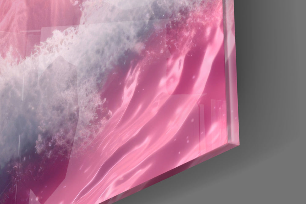 Surreal-surf artwork anchoring a wall with monochromatic-pink palette