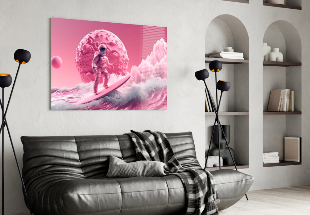 Pinky Space glass wall art styled above a vanity in a dressing room