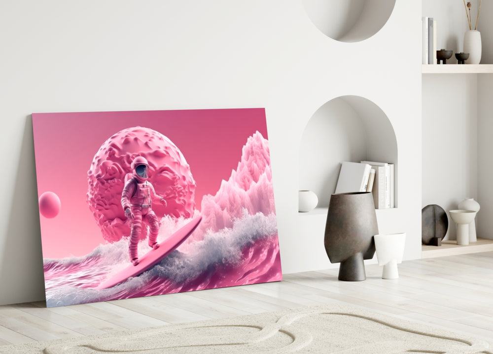 Pinky Space close-up showing astronaut surfing pink wave