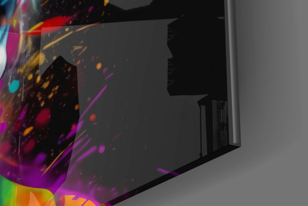 Genius-portrait artwork anchoring a wall with monochrome-and-spectrum palette