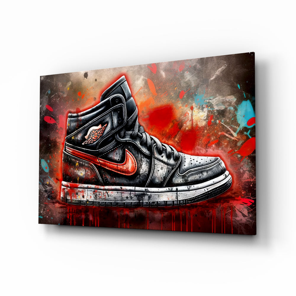 Sneakers glass wall art displayed above a desk in a teen room