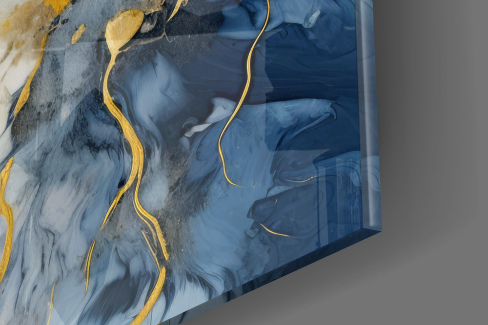 Abstract artwork anchoring a wall with sapphire-and-gold palette