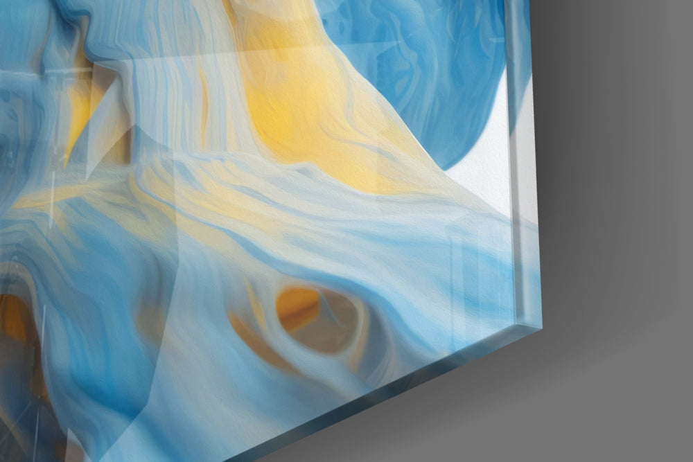 Fluid-art artwork anchoring a wall with cobalt-and-canary palette
