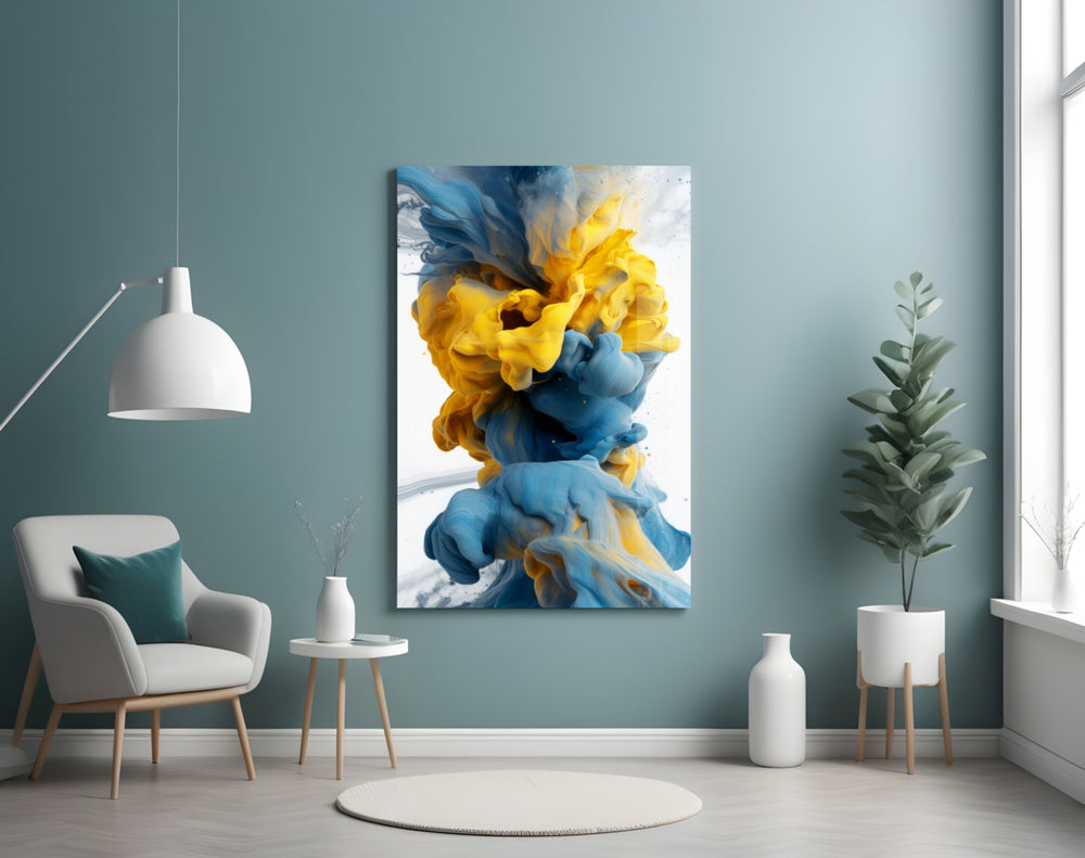 Color Explosion glass wall art styled above a sideboard in a contemporary loft