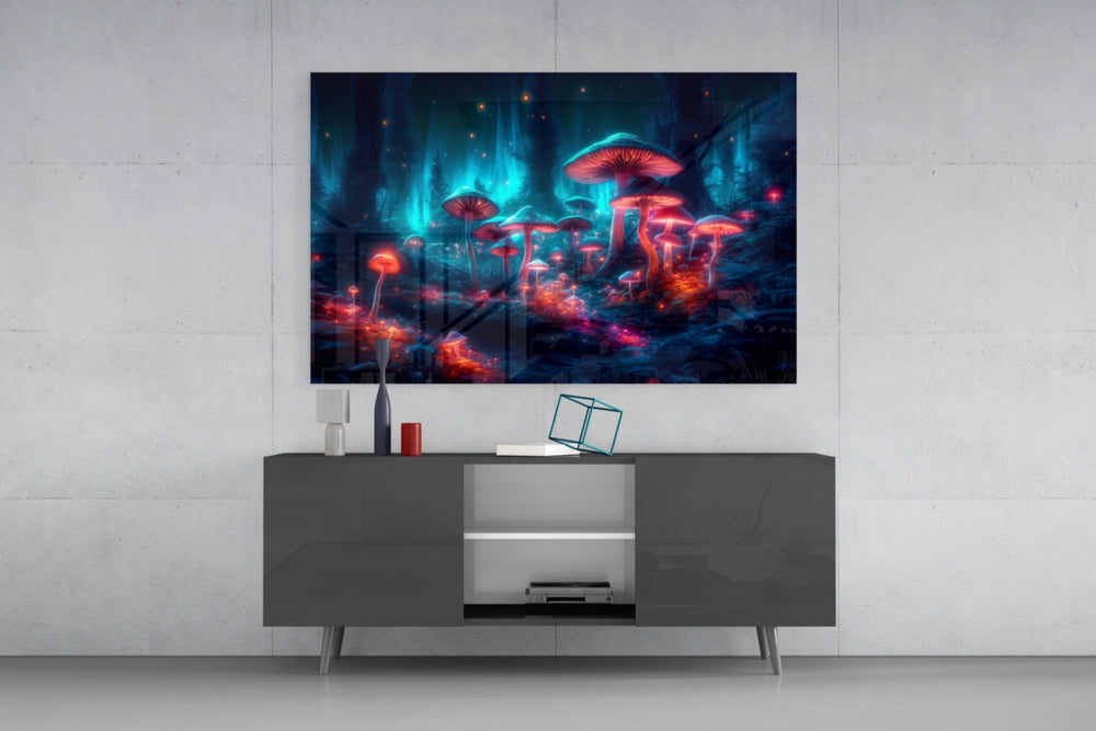 Neon Mushroom Forest panel catching lamp light to reveal its cinematic glow