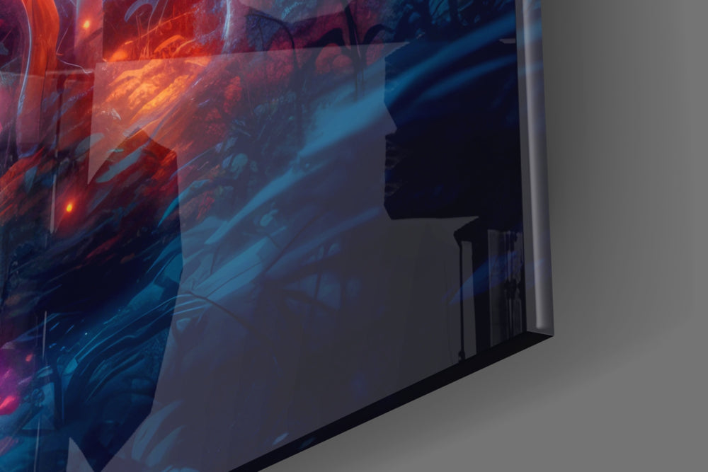 Botanical-fantasy artwork anchoring a wall with scarlet-and-cobalt palette