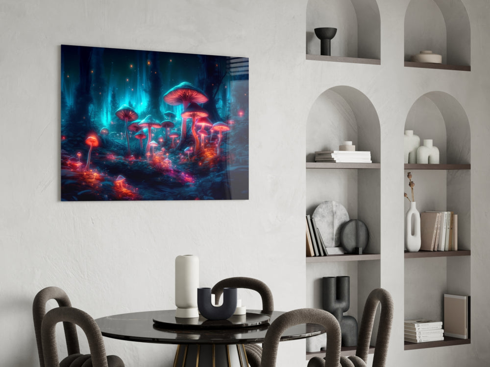 Neon Mushroom Forest panel adding editorial drama to a hallway