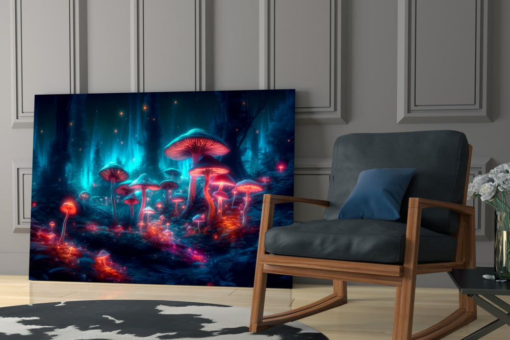 Neon Mushroom Forest glass print enhancing a den with statement adventure