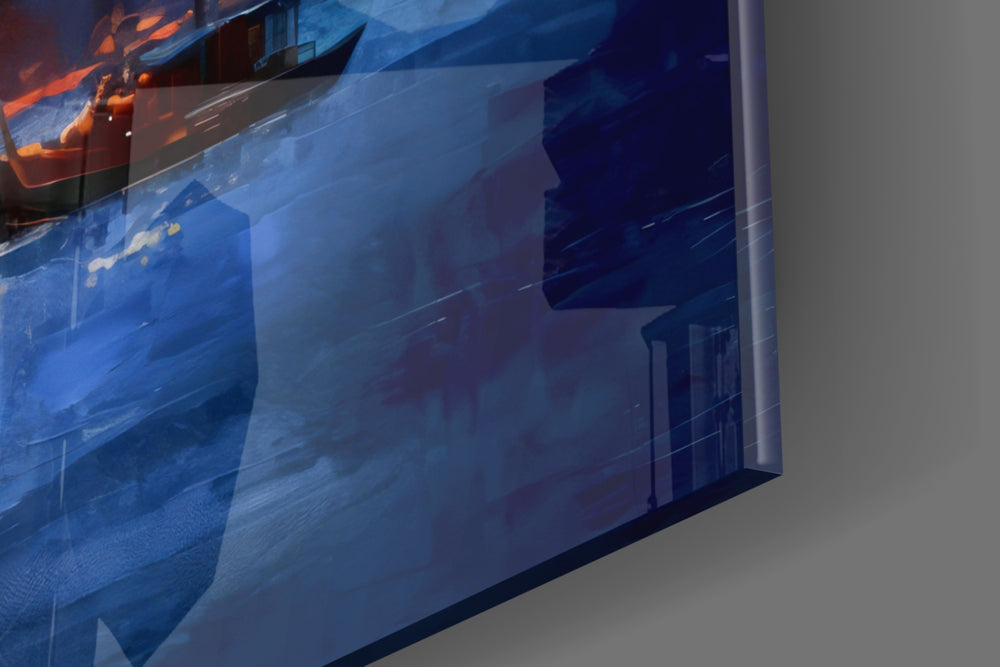 Cityscape artwork anchoring a wall with scarlet-and-cobalt palette