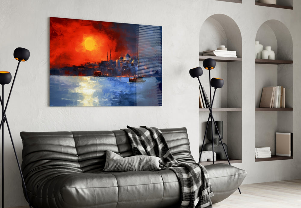 Istanbul glass wall art styled above a sideboard in a dining room