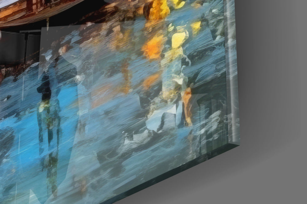 Cityscape artwork anchoring a wall with amber-and-cobalt palette