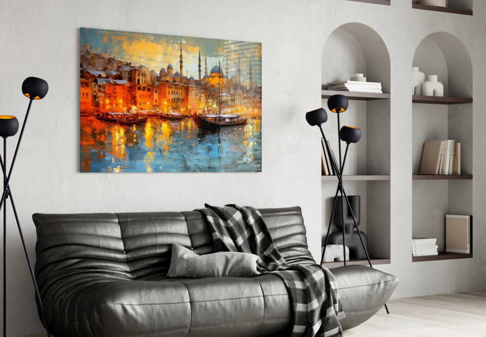 Istanbul glass wall art styled above a sideboard in a dining room