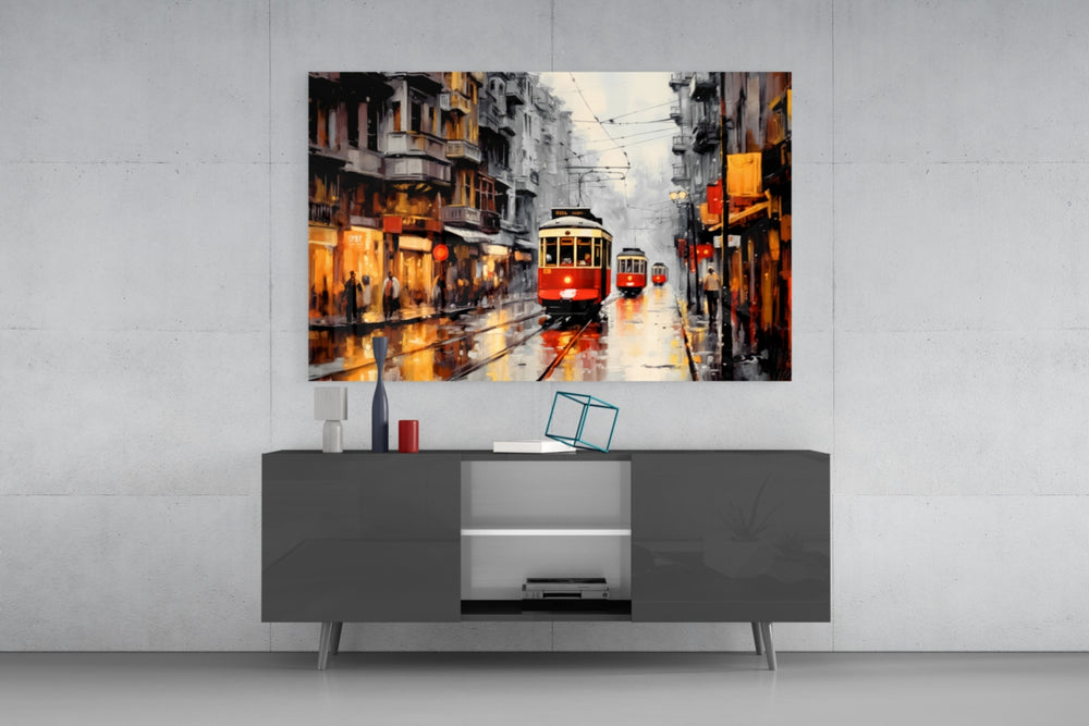 Tram panel catching lamp light to reveal its painterly depth