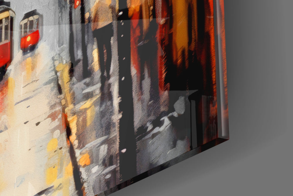 Cityscape artwork anchoring a wall with scarlet-and-amber palette