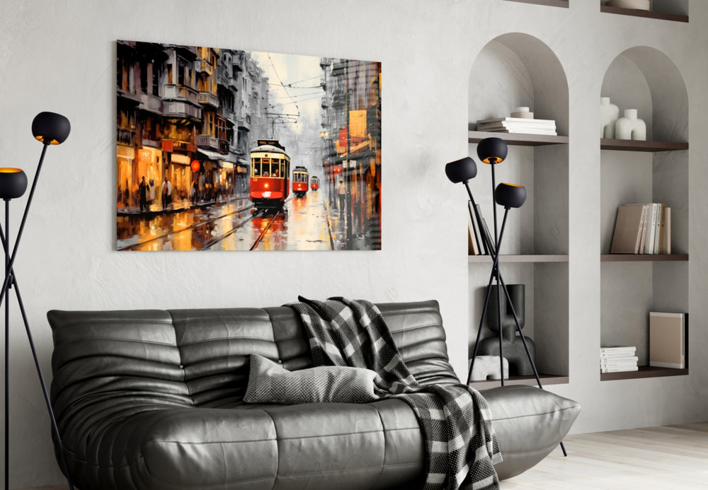 Tram glass wall art styled above a sideboard in a dining room