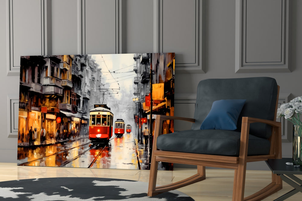 Tram glass print enhancing a den with statement gravity
