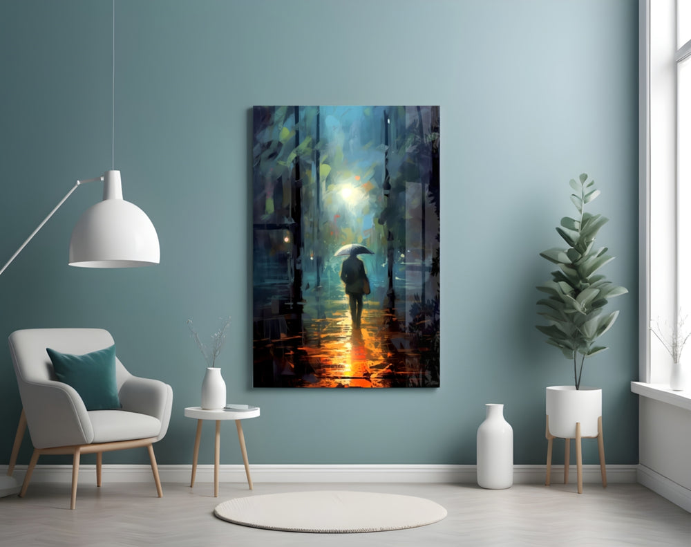 Alone glass wall art styled above a sideboard in a hotel-style lounge