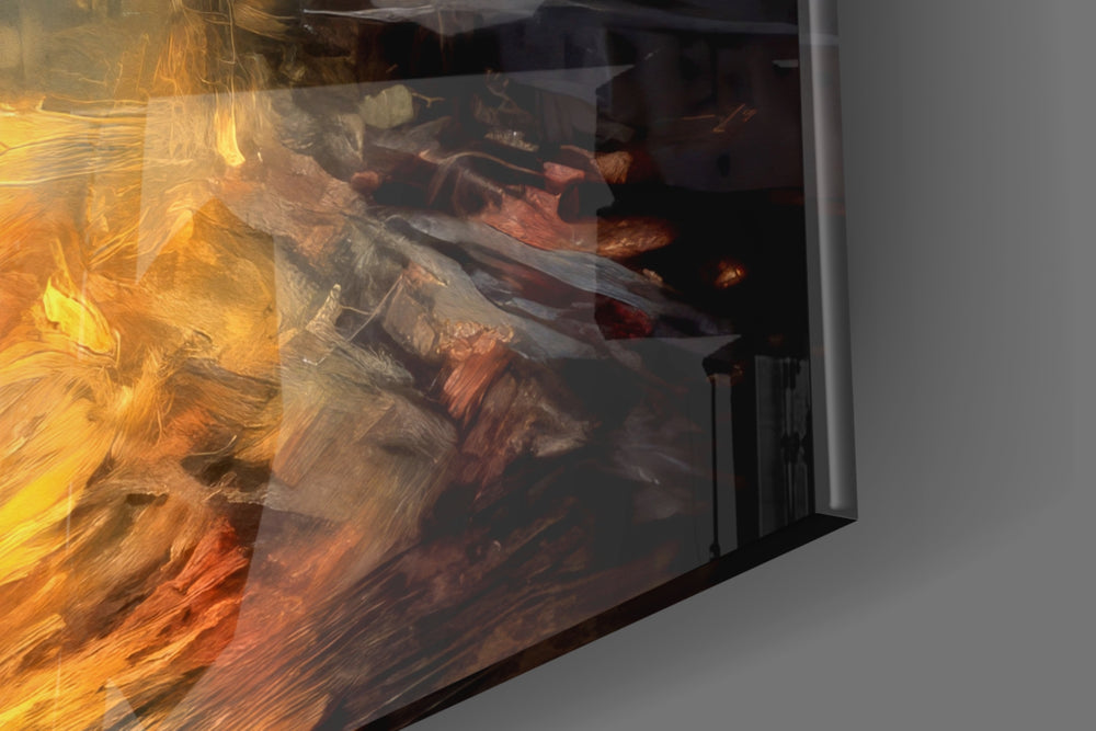 Atmospheric artwork anchoring a wall with slate-and-amber palette