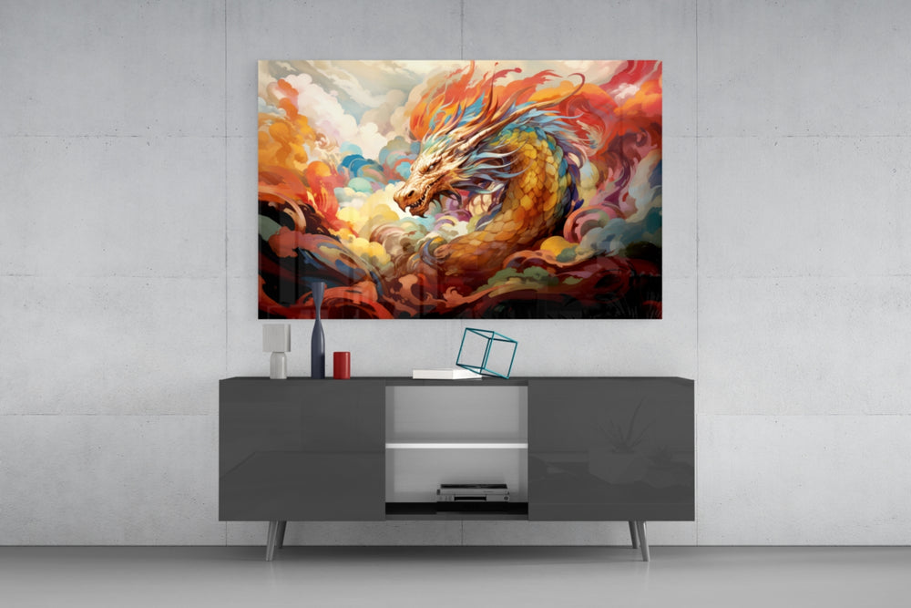 Dragon panel catching lamp light to reveal its painterly depth