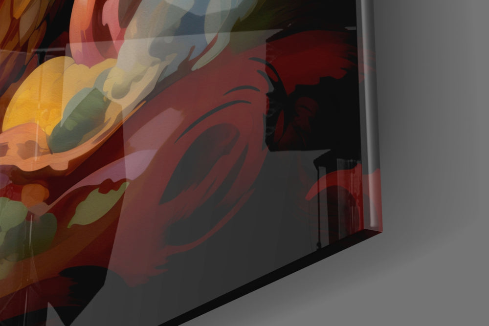 Fantasy-beast artwork anchoring a wall with gold-and-coral palette