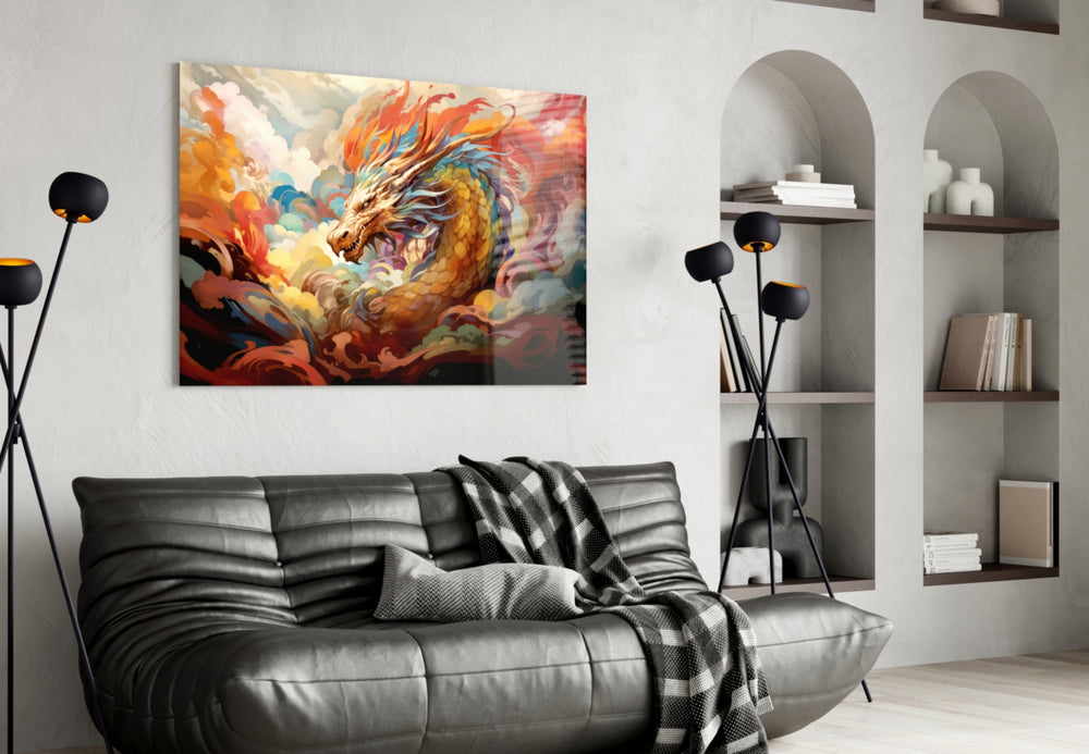 Dragon glass wall art styled above a sideboard in a media room