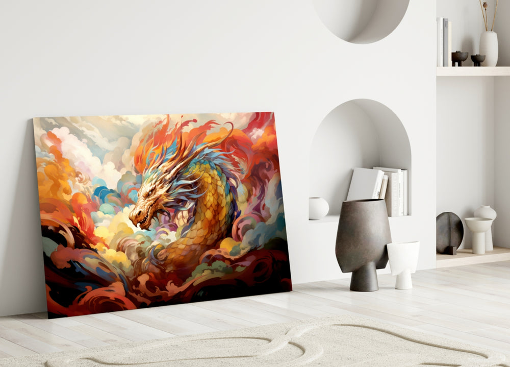 Dragon close-up showing gold scales and coral cloud-curls