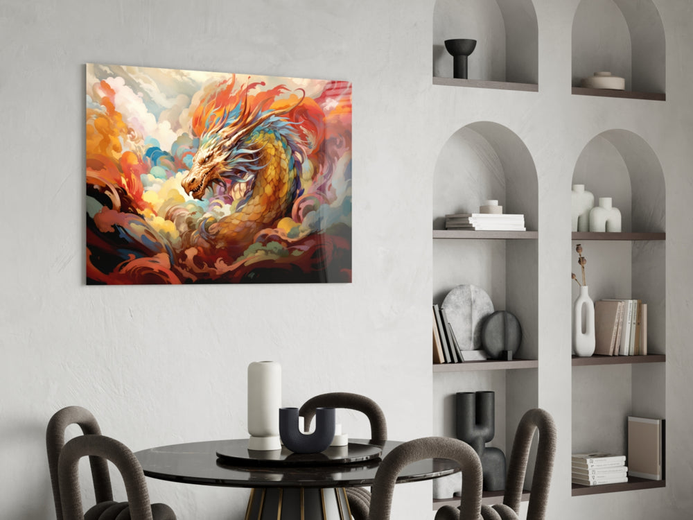 Dragon panel adding editorial drama to a hallway